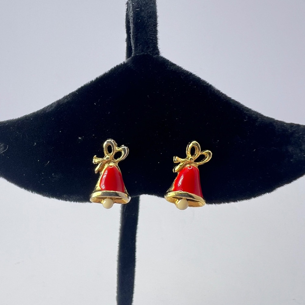 Vintage Red Bell Earrings Christmas Holiday Gold Tone Bow Enamel 90s Studs Mini